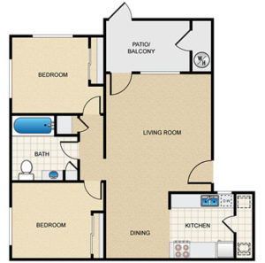 2 bed 1 bath floor plan, living room, dining room, kitchen, patio/balcony, 2 closets