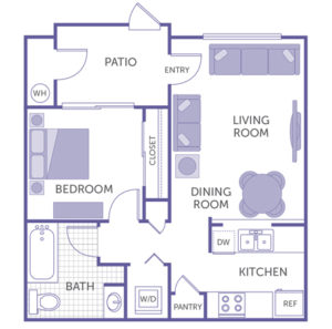 floorplan - 1 bed 1 bath, Kitchen and pantry, Dining room, Living room, Patio, washer and dryer, 1 closet